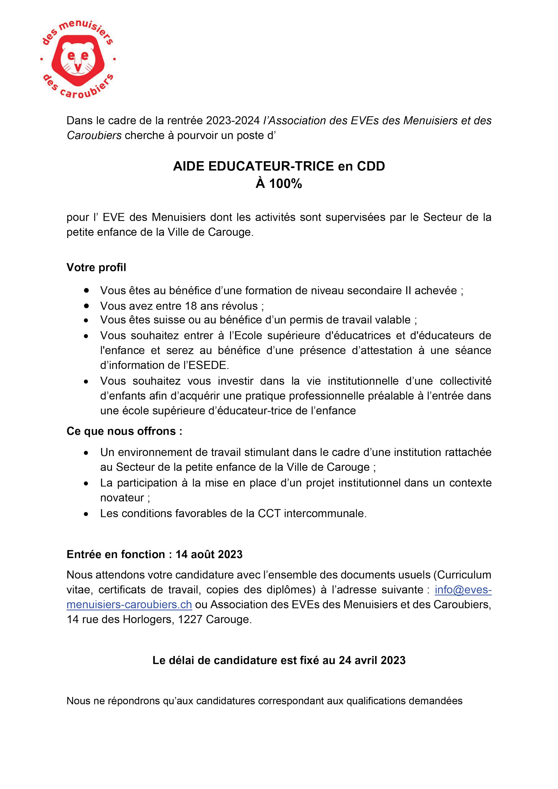 AIDE EDUCATEUR-TRICE en CDD À 100%