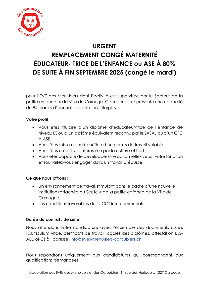 Offre d'emploi CDD Educatrice ou ASE 80%