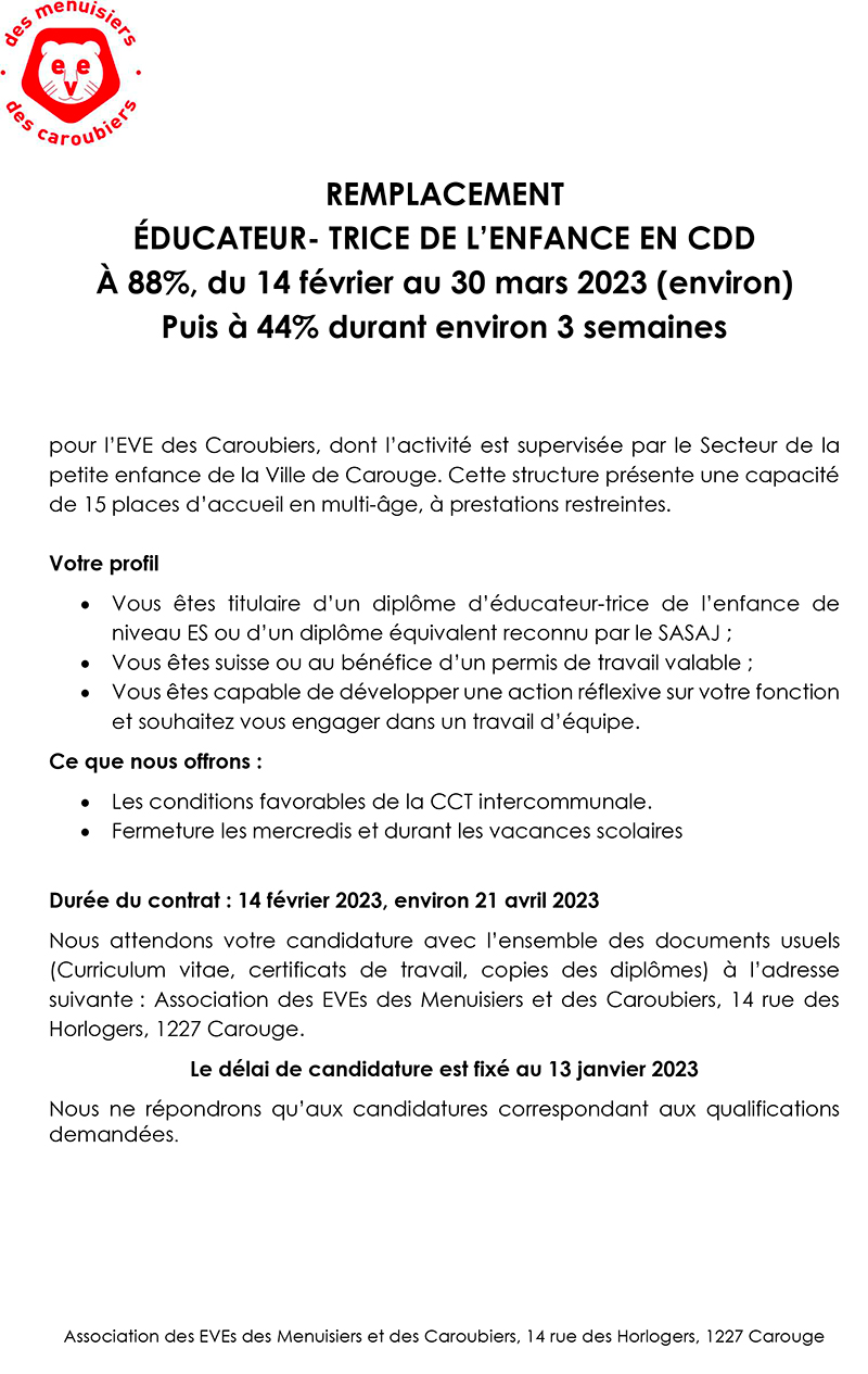 REMPLACEMENT ÉDUCATEUR- TRICE DE L’ENFANCE EN CDD